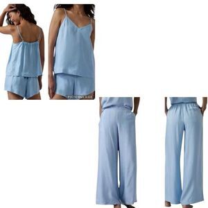 Athleta Calm Cool Silky Light Blue Bundle Set- camisole, shorts, pants. Sz S